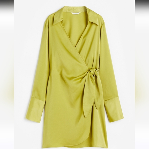 H&M Yellow Green Satin wrap mini dress. Size Large - Picture 6 of 16